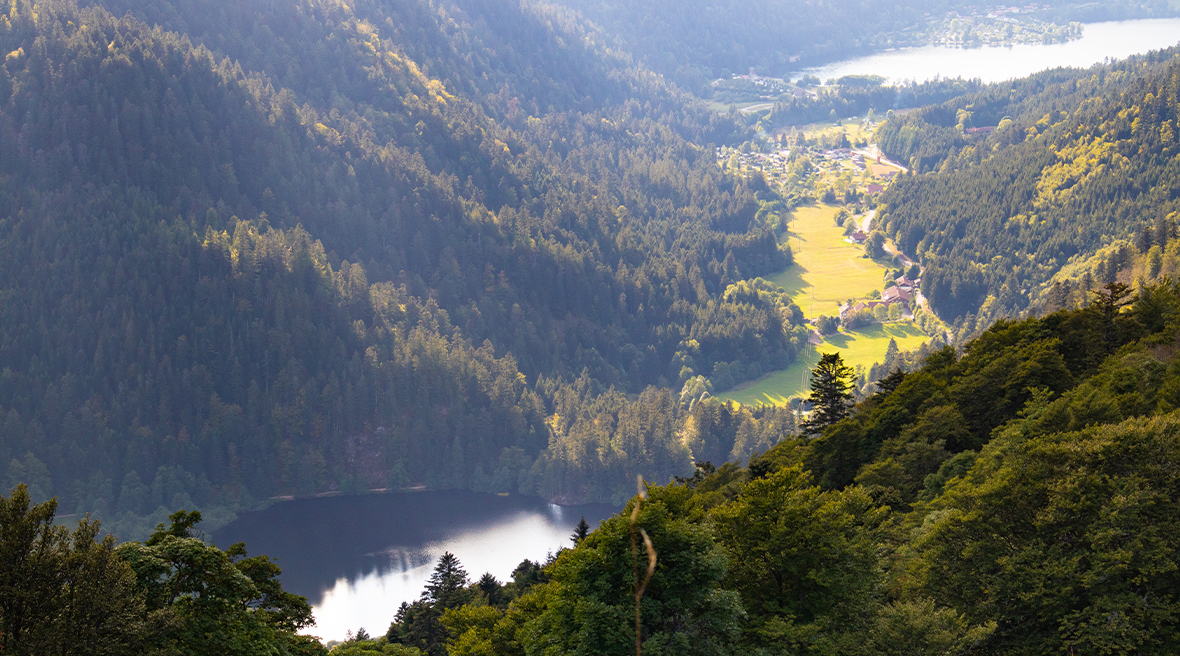 Wooded steep mountainsides plunge down to a lake at either end of a valley, with a green plain and village in between